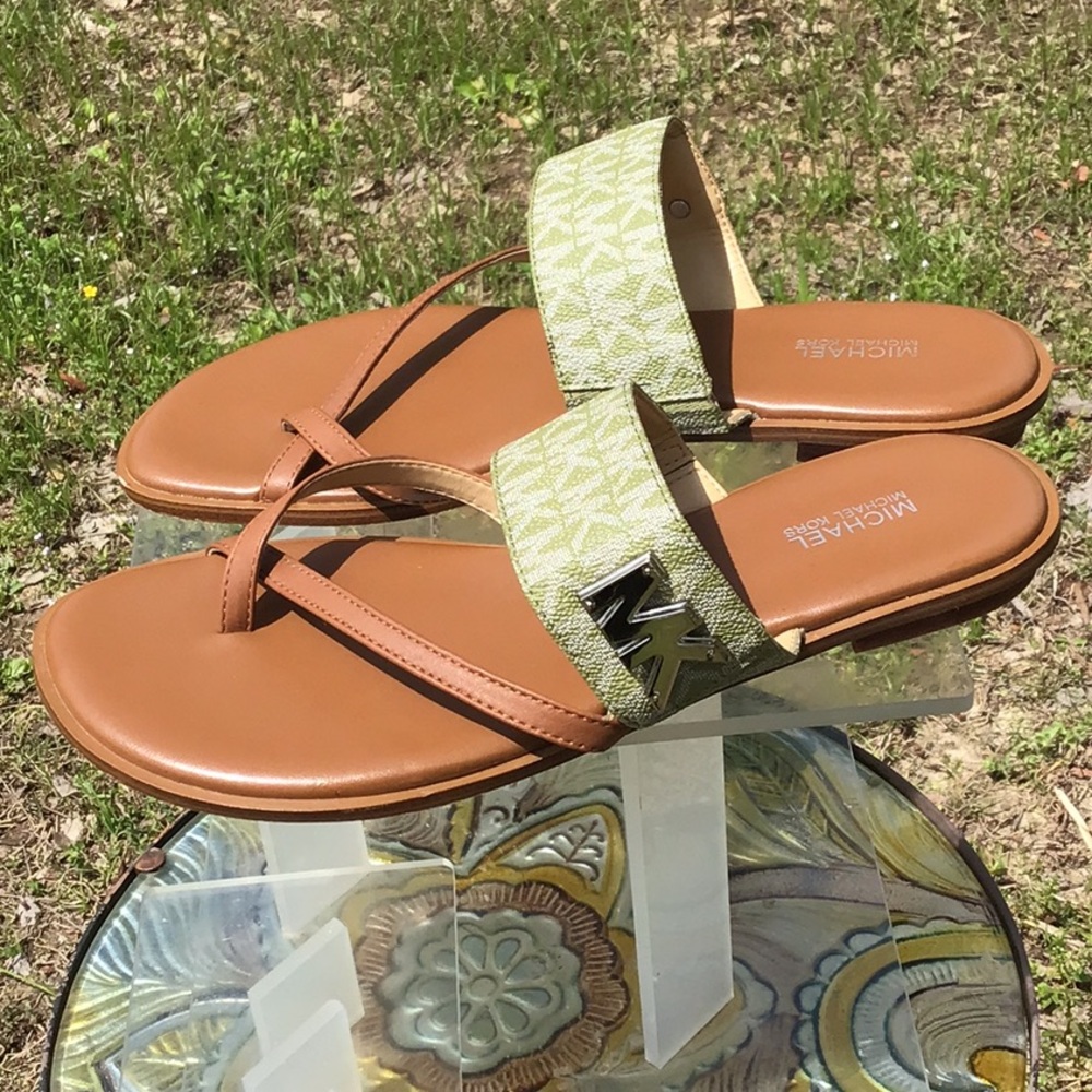 Michael By Micheal Kors Sidney Thong Flat Tan and Green MK Logo Women's Sandals - Picture 6 of 16